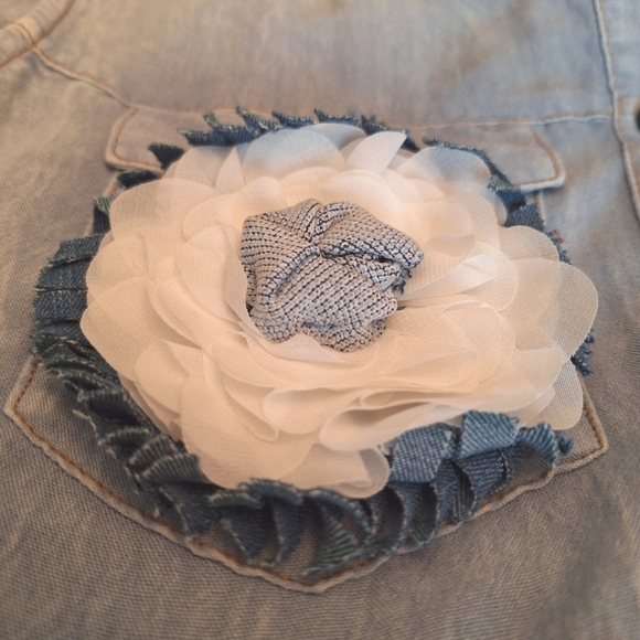 Sleeveless Denim Chambray Dress Tiered Ruffles Big Flower Accent Sz XL - Picture 2 of 16